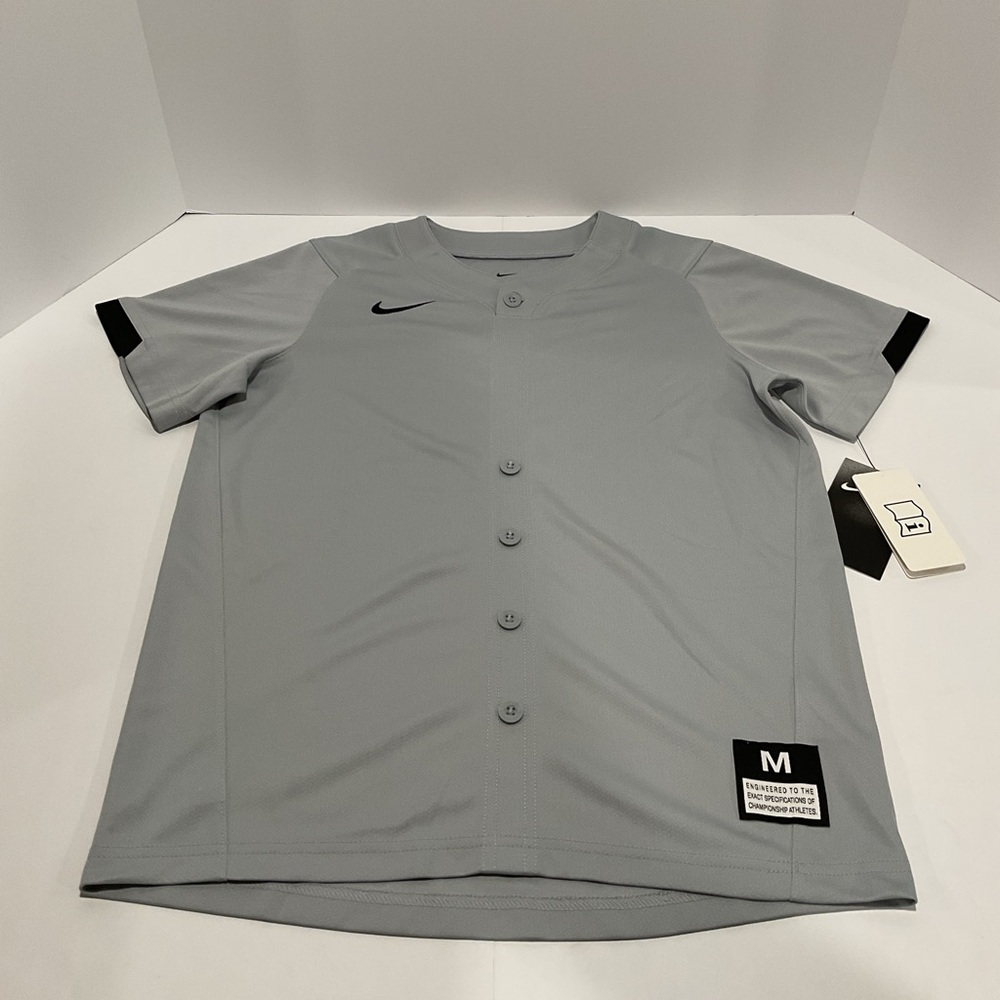 Nike Dri-FIT Boys Medium Gray Baseball Jersey Athletic Button Front NWT